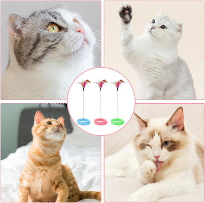 Cat Collar Toy, 3 Pcs Cat Feather Toy with Neck Collar, Interactive Self Playing Toys with Bell for Indoor Kittens Small Animals(Pink/Blue/Green)