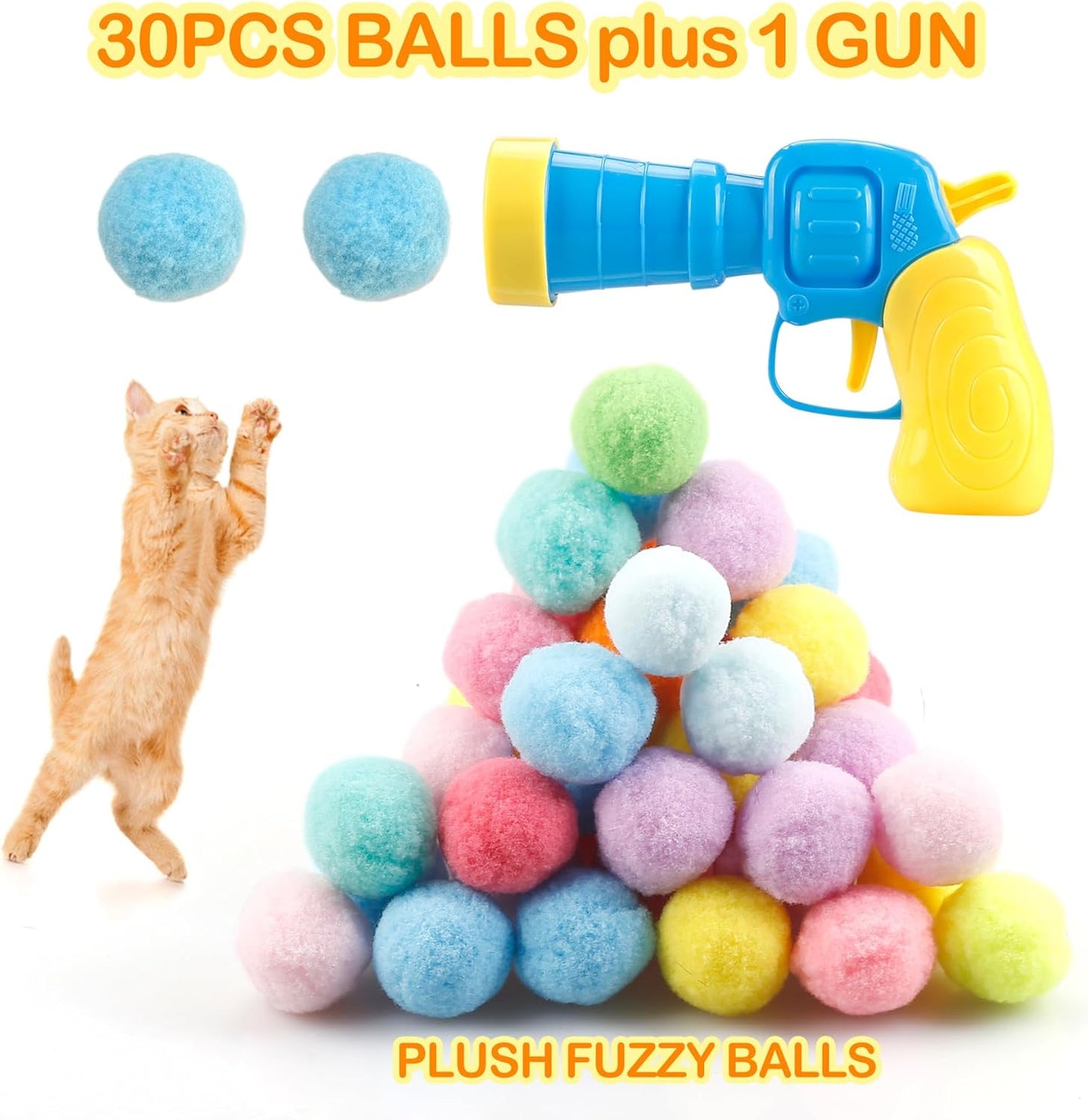 31Pcs Cat Ball Toy Launcher Gun, Cat Balls Fetch Toy, 30Pcs Plush Fuzzy Balls Launcher Cat Toy for Cats with 1 Gun, Funny Interactive Cat Toys for Bored Indoor Adult Cats, Cute Kitten Kitty Toys