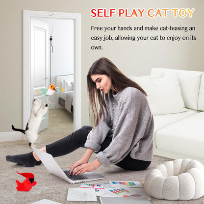 HOSFROLL Interactive Cat Toys, Flapping Birds Cat Plush Catnip Toys Self Play, USB Rechargeable Touch Activated Kitten Toys Cat Exercise Toys, 2Pcs Hanging Cat Teaser Toy (Cardinal & Hummingbird)