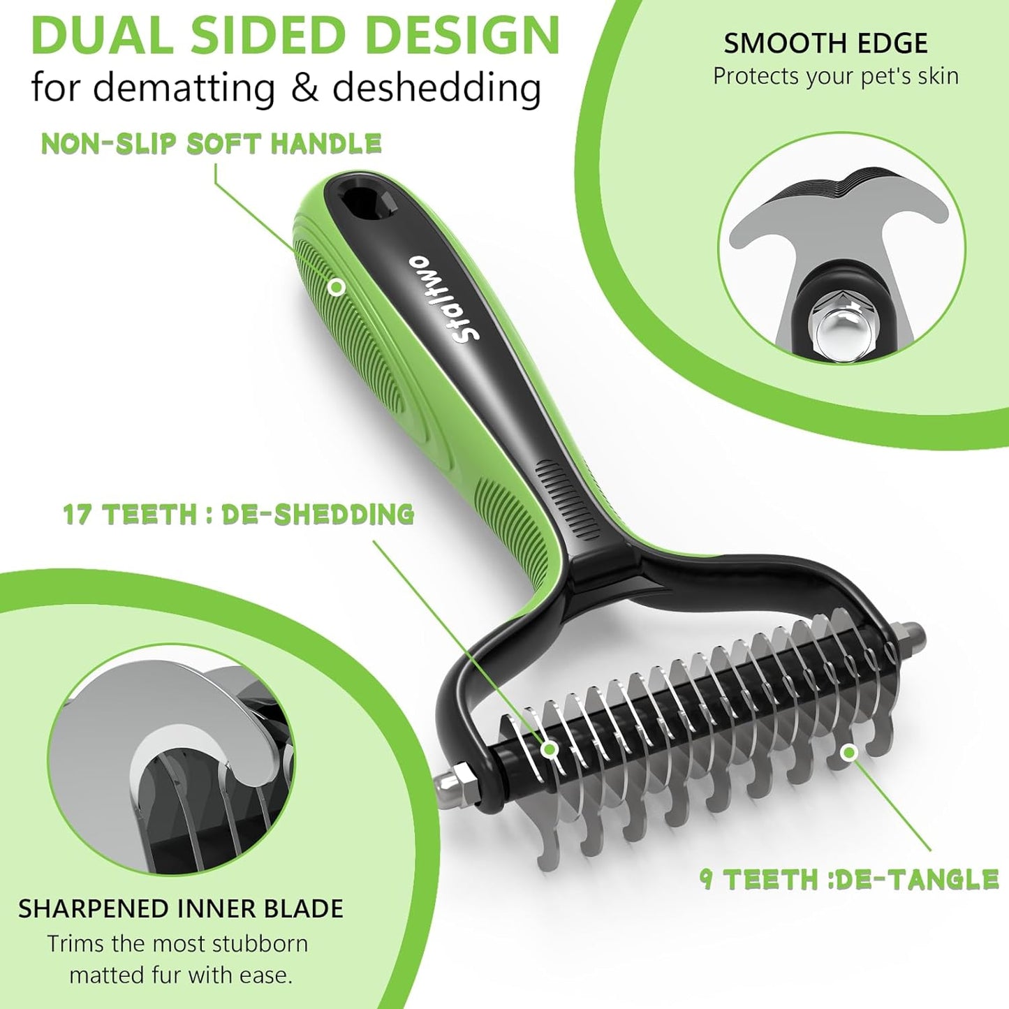 Pet Grooming Supplies - 2-in-1 Professional Undercoat Rake and Pet Brush | Shedding Control for Long Haired Dogs and Cats, Deshedding Tool, Furminator for Dogs, Green
