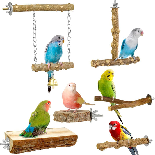Bird Perches, 6pcs Natural Wood Birds Stand Branch, Bird Perch Chewing Stick Cage Accessories Parrot Climbing Standing Branches Paw Grinding Fork Sets for Parakeet Lovebirds Cockatiels