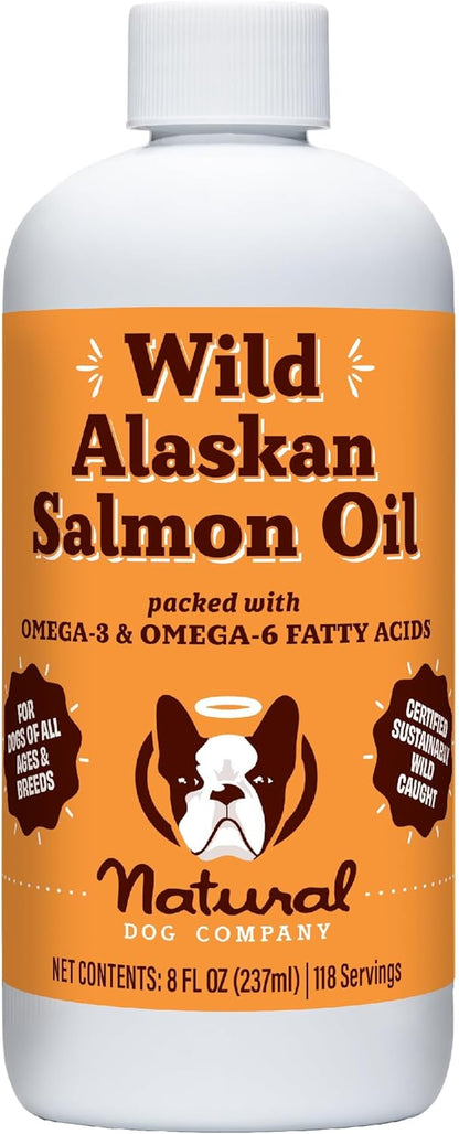 Natural Dog Company Pure Wild Alaskan Salmon Oil for Dogs and Cats (8oz) Skin & Coat Supplement for Dogs, Essential Fatty Acids, Fish Oil Pump for Dogs, Omega 3 Fish Oil for Dogs, Fish Oil for Cats