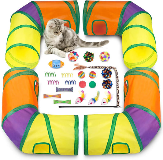 Retro Shaw Cat Toys Set, Interactive Cat Toys for Indoor Cats Kitten Kitty with 4 L Shape Collapsible Cat Play Tunnel Cat Feather Wand Teaser Rainbow Cat Bell Fuzzy Balls Springs Mouse Toys