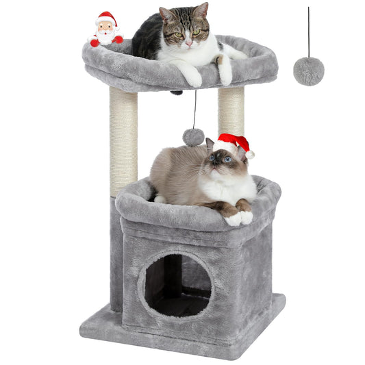 PEQULTI Cat Tree Tower for Indoor Cats with Private Cozy Cat Condo, Natural Sisal Scratching Posts and Plush Pom-pom for Small Cats
