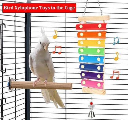Large Parrot Toys Large Bird Suspensible Xylophone Toy, Multicolored Natural Wooden Bird Chewing Toys with Grinding Stone for Large, Medium Birds Macaws African Grey Cockatoos Amazon