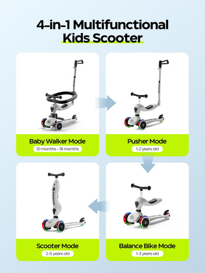 COOGHI 4-in-1 Toddler Scooter, Kids Scooter with Flashing Wheels, 360° Baby Fence & Adjustable Parent Push Bar & Seat & T-Bar, 3 Wheel Scooter for Kids Ages 1-5, Boys & Girls