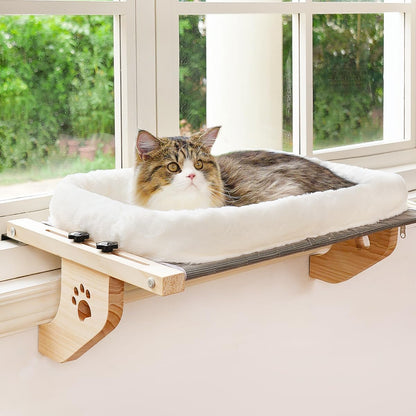 AMOSIJOY Cat Sill Window Perch Sturdy Cat Hammock Window Seat with Cushion Bed Cover, Wood & Metal Frame for Large Cats, Easy to Adjust Cat Bed for Windowsill, Bedside, Drawer and Cabinet(Cushion Bed)
