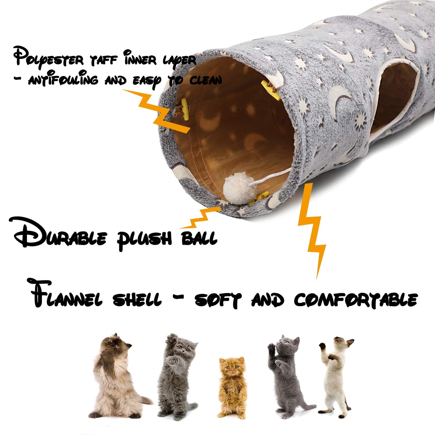 LUCKITTY Cat Tunnel Tube with Plush Ball Toys Collapsible Self-Luminous Photoluminescence, for Small Animals Pets Bunny Rabbits, Kittens, Ferrets,Puppy and Dogs Grey Moon Star