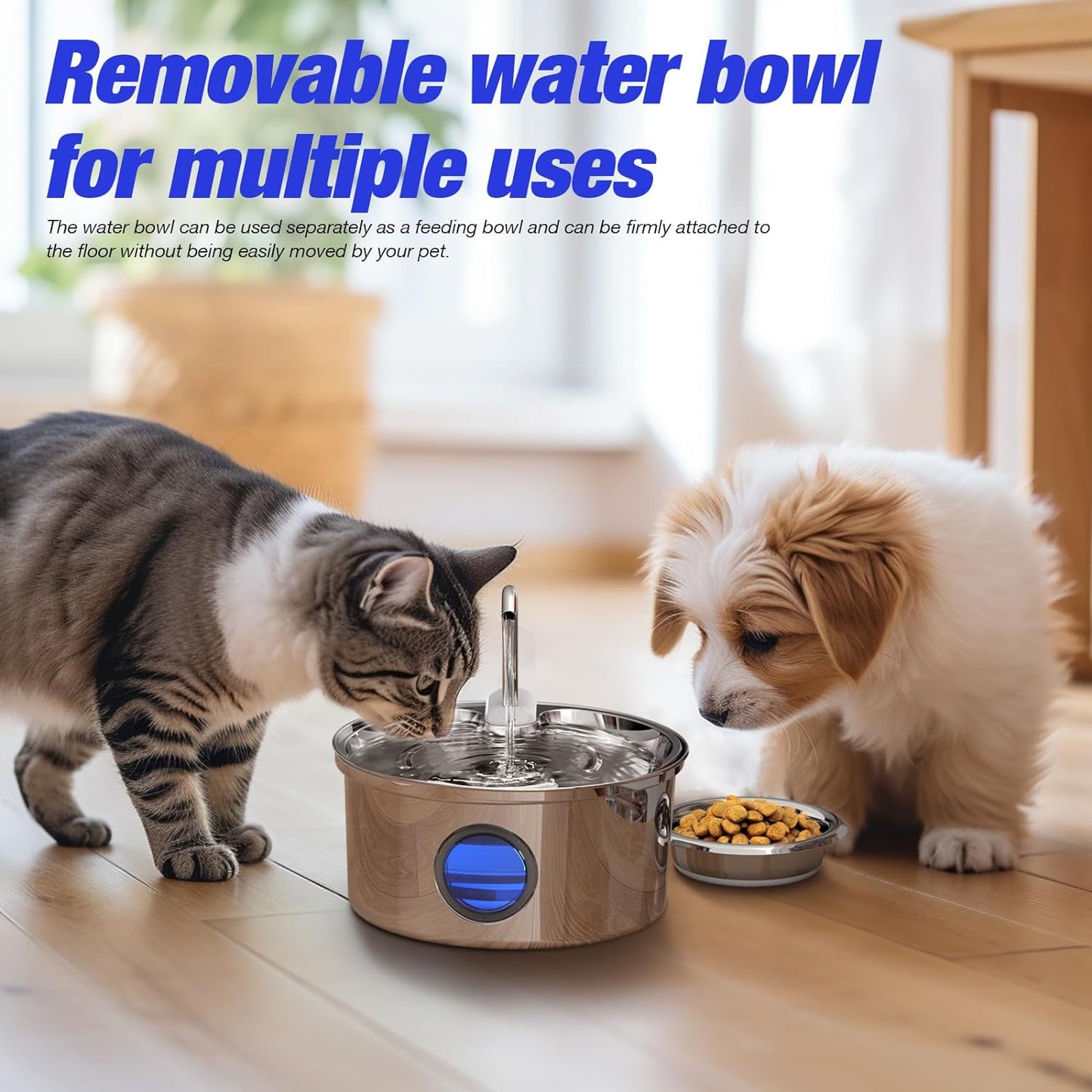 Kitty Spout Cat Water Fountain,108oz/3.2L Stainless Steel Cat Fountain and Removable Water Bowl,Pet Fountain with Water Level Window,Quiet Pump,Multi-Filter, Water Tap, Provides Flowing,for Dog Cats