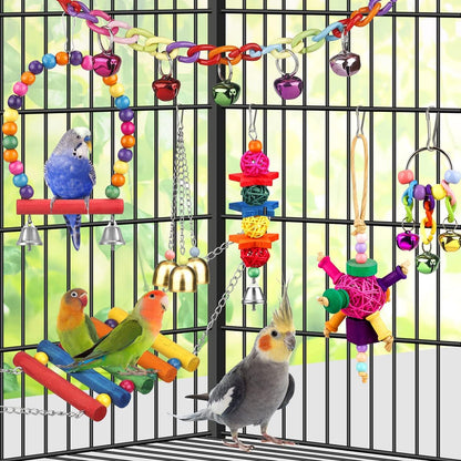 Bird Toys for Conures with Colorful Ladder Hammock Bird Cage Accerious Bird Perch Stand Chewing Toys Hanging Bell Parrot Parakeet Cockatiel Lovebirds