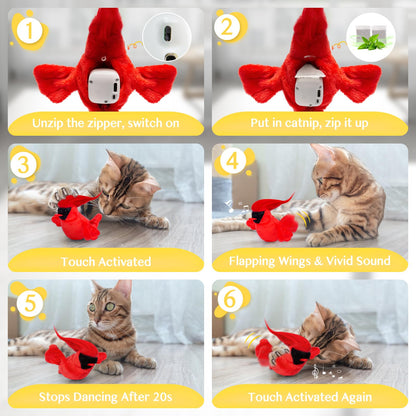 HOSFROLL Interactive Cat Toys, Flapping Birds Cat Plush Catnip Toys Self Play, USB Rechargeable Touch Activated Kitten Toys Cat Exercise Toys, 2Pcs Hanging Cat Teaser Toy (Cardinal & Hummingbird)