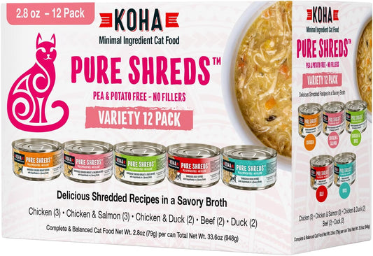 Pet Food Pure Shreds Cat Variety Pack, High Protein Wet Cat Food - 5 Flavors - Beef, Duck, Chicken & Duck and Chicken & Salmon Food for Cats - 2.8 oz Cans, Pack of 12