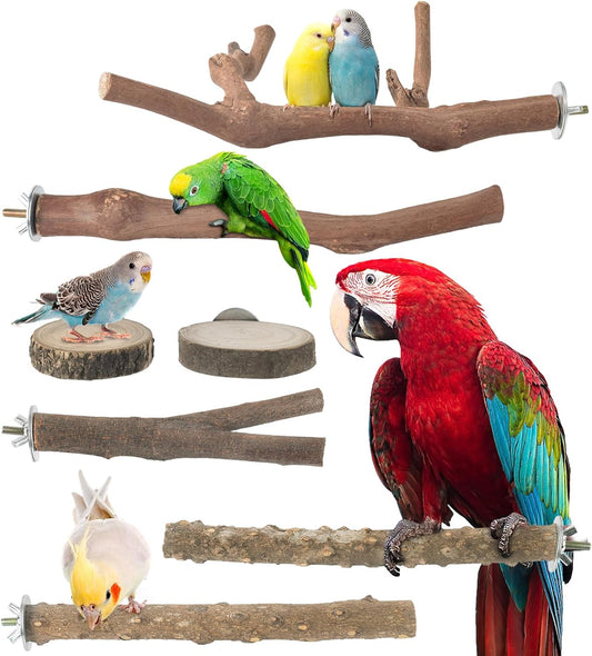 Bissap 7PCS Bird Perch Stand, Natural Grape Wood Pole Parrot Standing Branch Paw Grinding Fork Parakeet Platform Hammock for Conures Budgies Finches Cockatiels Small Birds Exercise Training