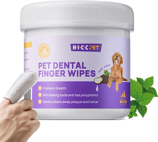 Teeth Cleaning Wipes for Dogs & Cats, Remove Bad Breath by Removing Plaque and Tartar Buildup, Disposable Dog Finger Toothbrush Gentle Pet Dental Care Wipes, 50 Counts, (Mint Scent)