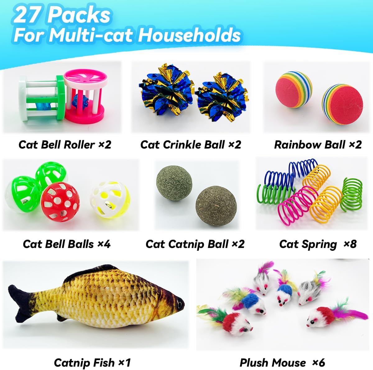 Cat Toys 27 Packs Combo Set, Cat Catnip Fish and Ball Toy, Cat Bell Balls Crinkle Balls, Cat Spring Toys, Plush Mices Attract Cats to Swat, Bite, Hunt, Interactive Toys