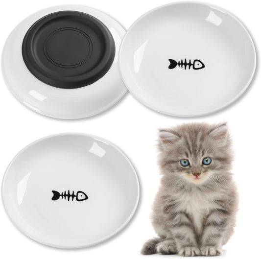 Cat Food Bowls, Whisker Friendly Ceramic Cat Bowls with Nonslip Silicone Bottom, Pack of 3 Quiet Cat Dishes and Plates for Feeding Indoor Cats, Kittens and Small Dogs