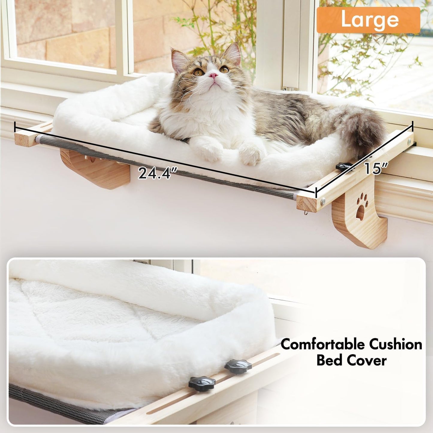 AMOSIJOY Cat Sill Window Perch Sturdy Cat Hammock Window Seat with Cushion Bed Cover, Wood & Metal Frame for Large Cats, Easy to Adjust Cat Bed for Windowsill, Bedside, Drawer and Cabinet(Cushion Bed)