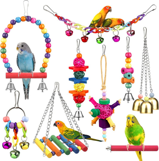 Bird Toys for Conures with Colorful Ladder Hammock Bird Cage Accerious Bird Perch Stand Chewing Toys Hanging Bell Parrot Parakeet Cockatiel Lovebirds