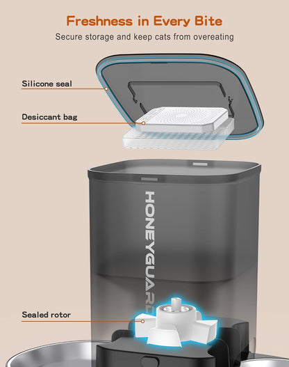 HoneyGuaridan 3.5L Automatic Cat Feeder for Two Cats, Cat Food Dispenser with Stainless Steel Bowl,Timed Cat Feeder Programmable 1-6 Meals Control, Dual Power Supply,Desiccant Bag,10s Meal Call