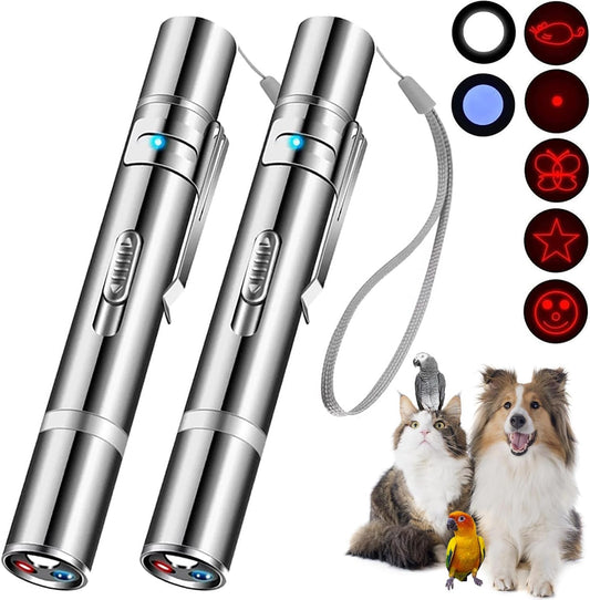 Cowjag Cat Toys, Laser Pointer with 7 Adjustable Patterns, USB Recharge Laser, Long Range and 3 Modes Training Chaser Interactive Toy, Birds Toys, Dog Laser Pen Toy（2Pcs）
