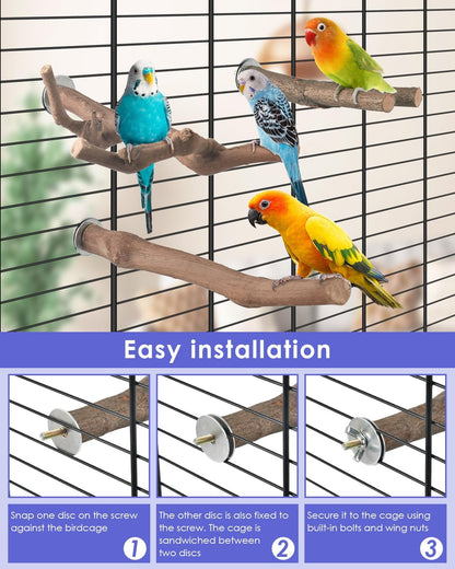 Bissap 7PCS Bird Perch Stand, Natural Grape Wood Pole Parrot Standing Branch Paw Grinding Fork Parakeet Platform Hammock for Conures Budgies Finches Cockatiels Small Birds Exercise Training