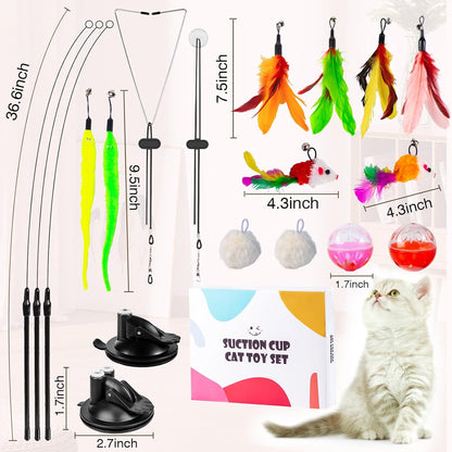 Interactive Cat Toy Suction Cup Cat Bird Simulation Cat Toy Set Self Play Cat and Kitten Toys for Indoor Cats 3Pcs Cat Wand Toy 14Pcs Cat Feather Replacement Toys Hanging Cat String and Mouse Toy