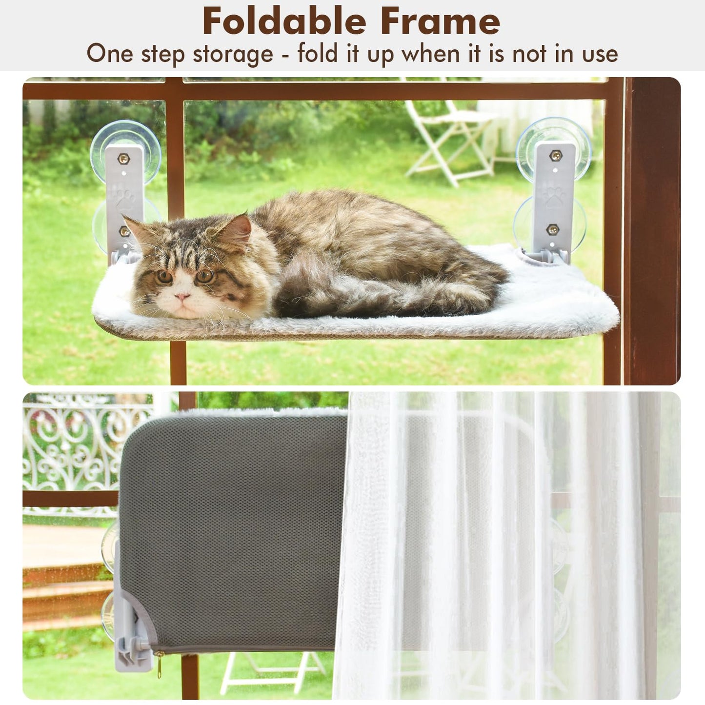 AMOSIJOY Cordless Cat Window Perch, Cat Hammock for Wall with 4 Suction Cups, Anchor&Screw for Two Ways of Installation, Solid Metal Frame and Reversible Cover, Foldable Cat Beds for Indoor Cats
