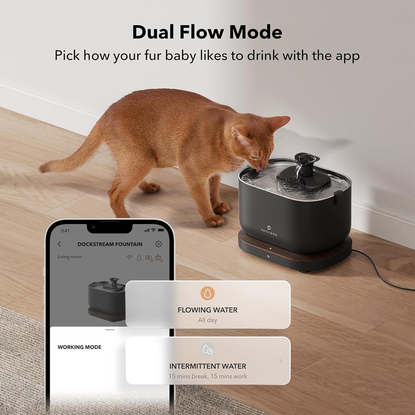 App Monitoring Cat Water Fountain with Wireless Pump, 2.5L/84oz Dockstream Pet Water Fountain for Cats Inside, Automatic Cat Water Dispenser with 2.4GHz Wi-Fi, Smart Fountain, App Control