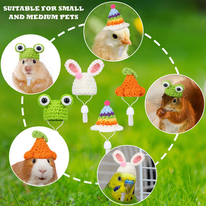 4 Pieces Hamster Hat Mini Small Animals Hat with Adjustable Strap Lovely Hand Knitted Frog Rainbow Carrot Tiny Hats for Lizard Guinea Pig Reptile Christmas Holiday Party Clothes Costume Accessories