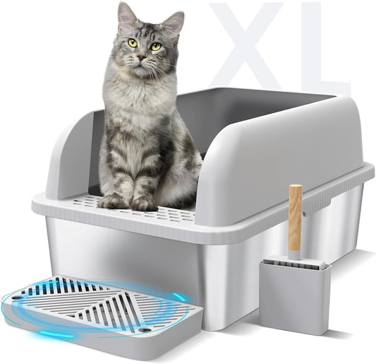 Enclosed Stainless Steel Cat Litter Box with Lid Extra Large Litter Box for Big Cats XL Metal Litter Pan Tray with High Wall Sides Enclosure, Non-Sticky, Anti-Leakage, Easy Cleaning