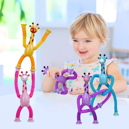COLEGRY 4 Pack Telescopic Suction Cup Giraffe Toy, Pop Tubes Baby Fidget Toys, Fine Motor Skills & Creative Learning, Autism Sensory Toys for Kids Toddler Age 3 4 5 6 Year Old, Boy Girl Gift