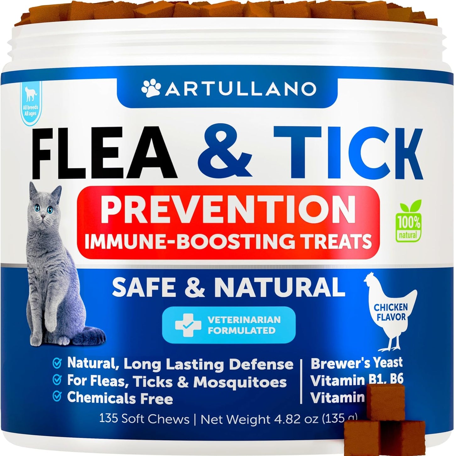 Flea Treatment for Cats - Flea and Tick Prevention for Cats Chewables - Natural Flea and Tick Supplement for Cats - Oral Flea Pills for Cats - All Breeds and Ages - Made in USA