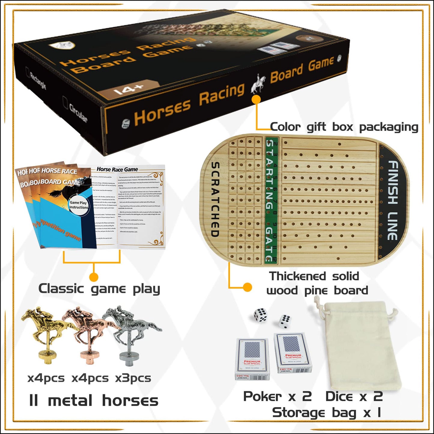 Jyquorp Horse Race Board Game Racing Game Thickened Solid Wood with 11 Luxurious Durable Classic Metal Horses with 4 Dice and 2 Boxes of Cards Horse Racing Game (Log Color, Oval)