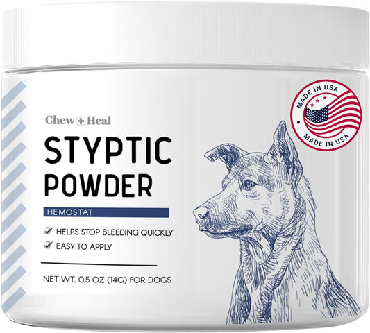 Chew + Heal Labs Styptic Powder for Dogs, Cats, and Other Animals - .5 oz - Quick Stop Bleeding Powder for Clipping Nails, and Other Minor Cuts - Blood Stop Powder