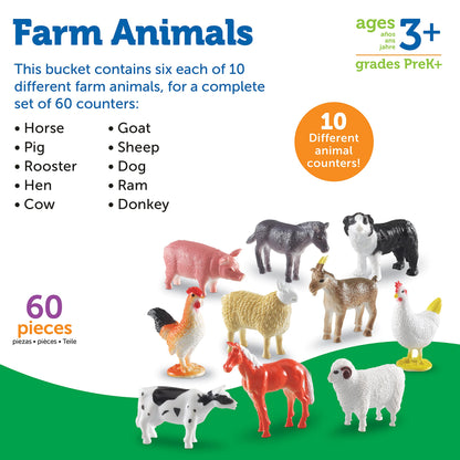 Learning Resources Farm Animal Counters - 60 Pieces, Ages 3+ Toddler Learning Toys, Farm Animals Toys, Develops Counting and Matching Skills
