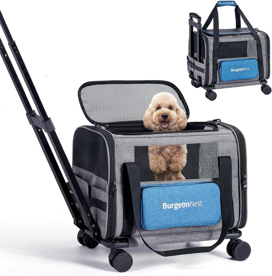 BurgeonNest Cat Carrier with Wheels, Airline Approved Pet Carrier for Cats Dogs 15 lbs with Telescopic Handle, Small Dog Carrier with Wheels Removable, Soft Rolling Cat Carrier with Large Pocket