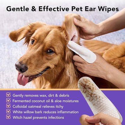 Ear Finger Wipes for Dogs & Cats - Gently Remove Ear Wax, Debris - Sooths & Deodorizes - Relieve Ear Itching & Inflammation, Fresh Coconut Scent, All Natural Ingredients - 50 Count