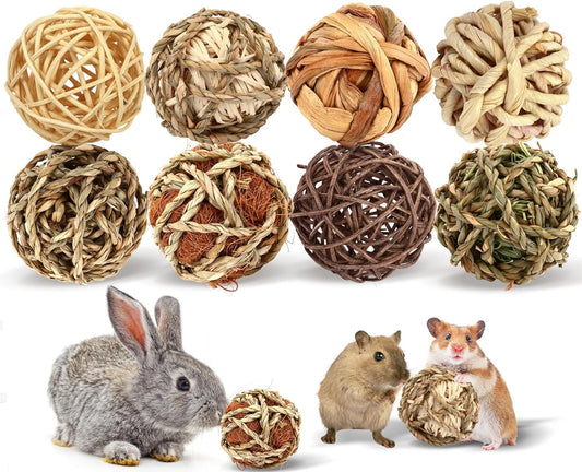Bunny Chew Grass Balls, Rolling Chew Toys for Small Animals, Improving Dental Health, Natural Chew Grass Toys for Rabbits, Guinea Pigs, Chinchillas, Hamsters, Mice (8 Pcs)