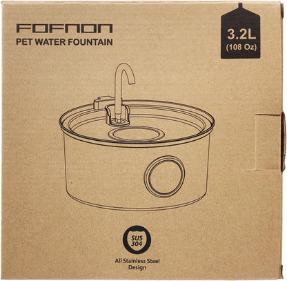 Cat Water Fountain: 108oz/3.2L Cat Fountain Stainless Steel - Quiet Cat Fountains for Drinking - Pet Water Fountain - Water Fountain for Cats - Water Level Window - Vailable for Dogs and Cats - FOFNON