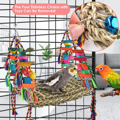KATUMO Bird Toys, Bird Foraging Wall Toy Large Size Seagrass Woven Climbing Hammock Swing Mat with Colorful Chewing Toys for Lovebird, Parakeet, Budgie, Conure, Cockatiel, Small Birds