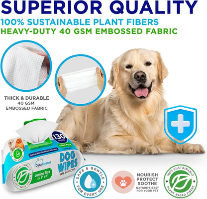 Dog Wipes for Paws and Butt - 130 Count + 4 Travel Puppy Wipes - 8" x 8" Large Dog Grooming Bath Wipes | Hypoallergenic Dog Face Wipes, Extra Thick Cleaning Deodorizing Pet Wipes for Dogs, Cats, Pets