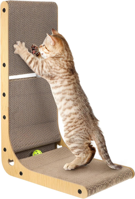 Cat Scratching Board, L Shape Cat Scratcher Cardboard, 23.6 Inch Cat Scratching Post Protecting Furniture Cat Scratch Pads, Vertical Cat Scratchers with Ball Toys for Indoor Cats