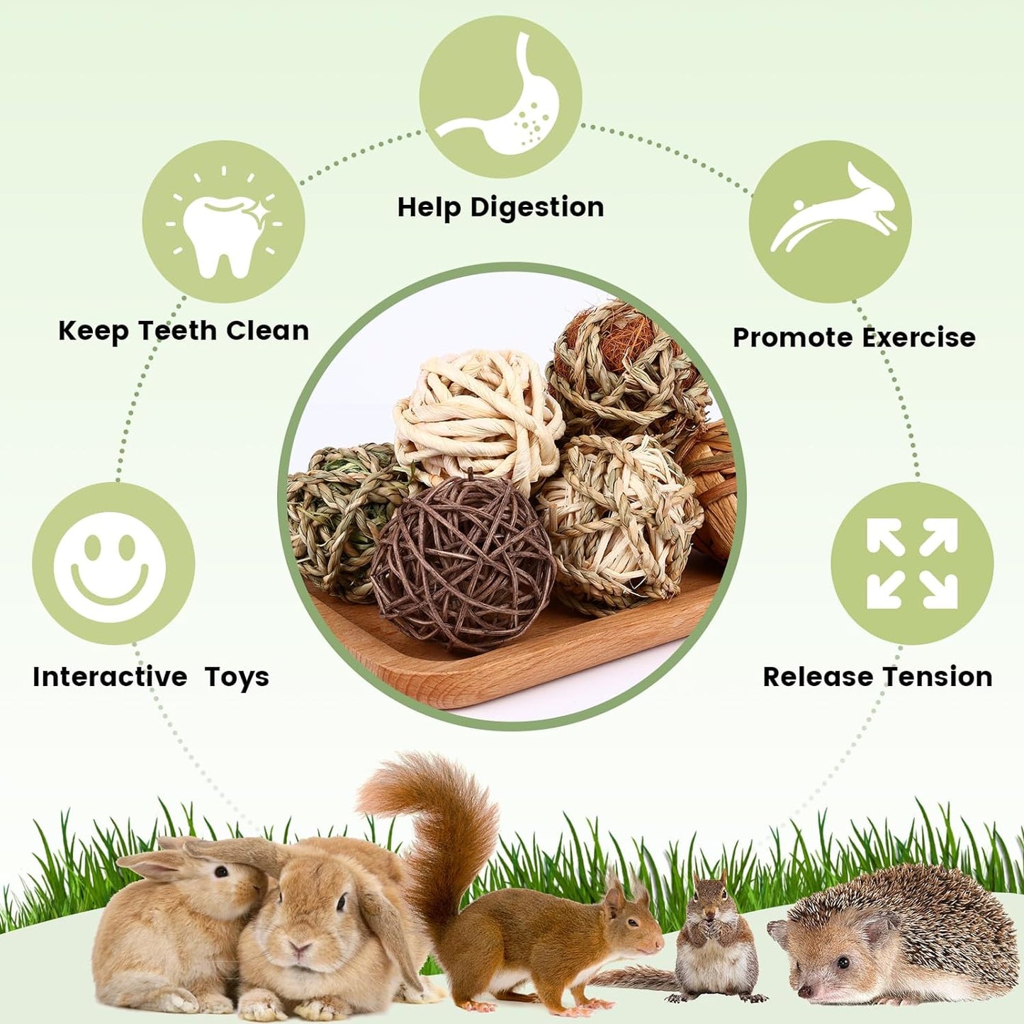 Bunny Chew Grass Balls, Rolling Chew Toys for Small Animals, Improving Dental Health, Natural Chew Grass Toys for Rabbits, Guinea Pigs, Chinchillas, Hamsters, Mice (8 Pcs)