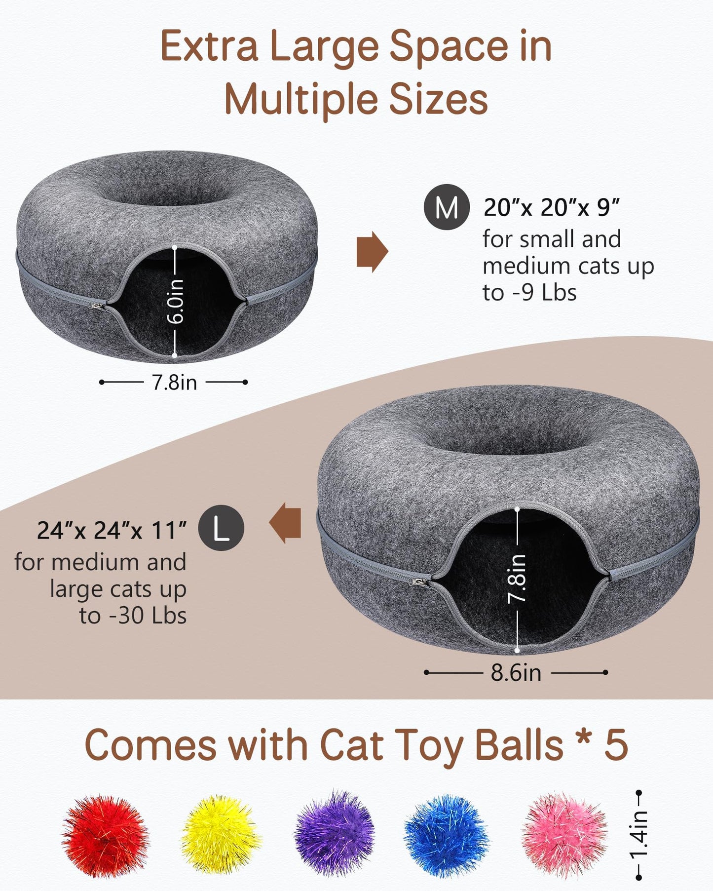 MAMI&BABI Cat Cave for Indoor Cats, Cat Donut Cat Tunnel Bed, Scratch Resistant Cat Toys for Medium Large Cats up to 30 lbs