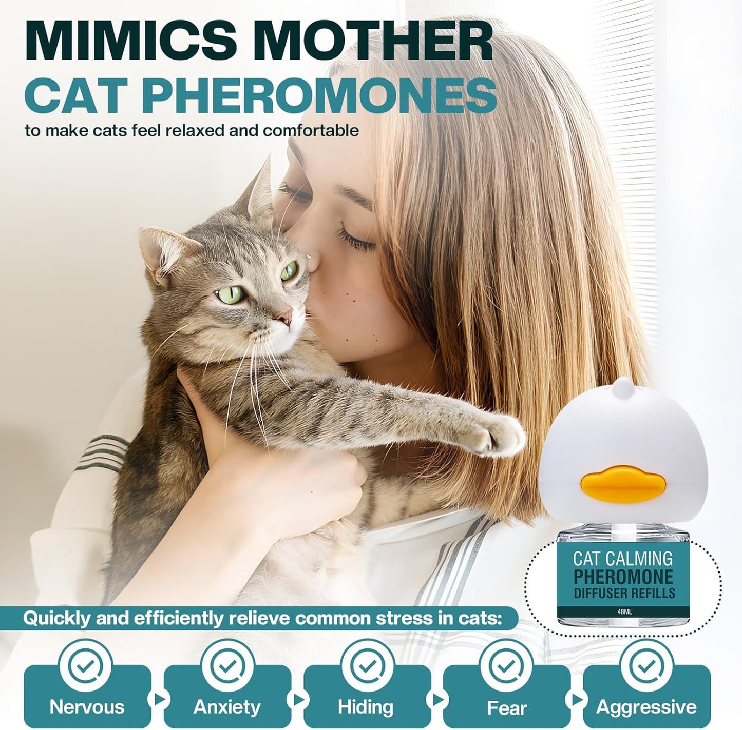 Cat Calming Diffuser 4 in 1 Multicat Calming Pheromones Diffusers Relief Stress Anxiety Fighting Scratching 60 Days Calm Relaxing Pheromone for Cats kit 48ml Refill Fits All Common Diffuser Plug In