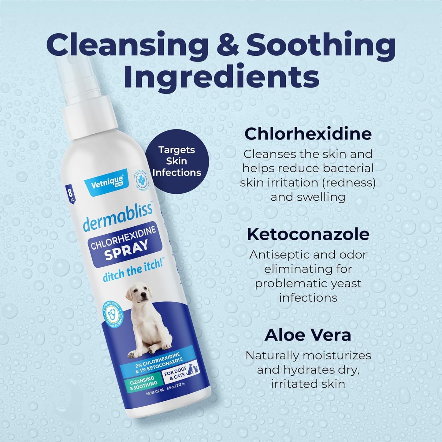 Vetnique Dermabliss Medicated Chlorhexidine Antiseptic Skin Spray for Dogs & Cats, Supports Skin Infections and Irritations 8oz