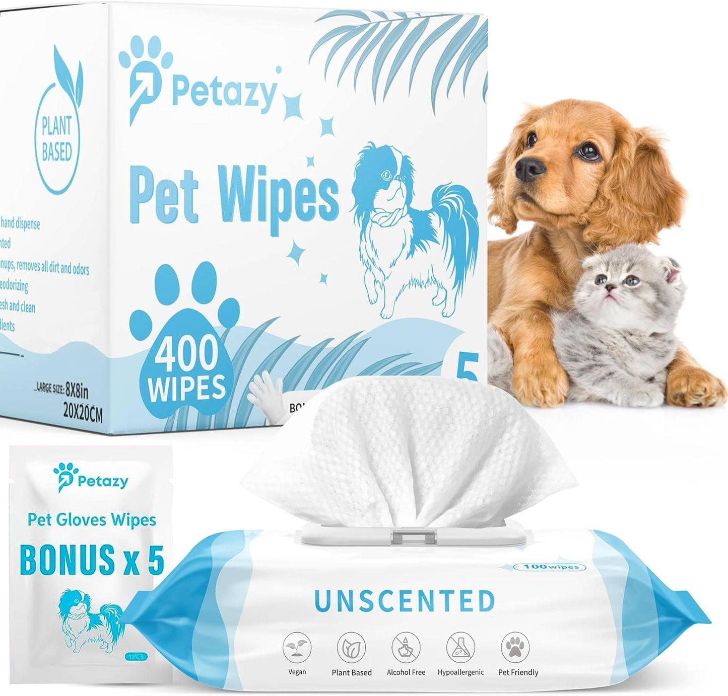 400 Dog Wipes for Paws and Butt Ears Eyes | Organic Pet Wipes for Dogs | Unscented Dog Wipes Cleaning Deodorizing | Extra Thick Paw Wipes for Dogs Cats Pets | Bonus Glove Wipes Included