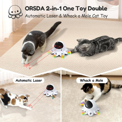 ORSDA Cat Laser Toy, 2-in-1 Interactive Cat Toys for Indoor Cats, Automatic Laser Pointer Cat Toy, 8 Holes Mice Whack A Mole Moving Feather, USB Rechargeable Electronic Kitten Toys for All Breeds