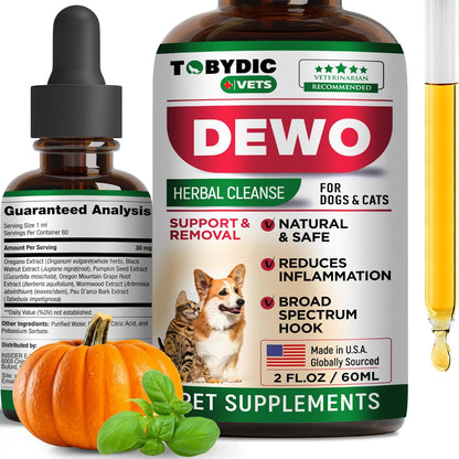 Broad Spectrum Herbal Medicine for Cats & Dogs - Prevention & Treatment for Tapeworm, Whipworm, Roundworm, and Hookworm - Medication & Supplement Drops Against Worm Infestations - Made in USA