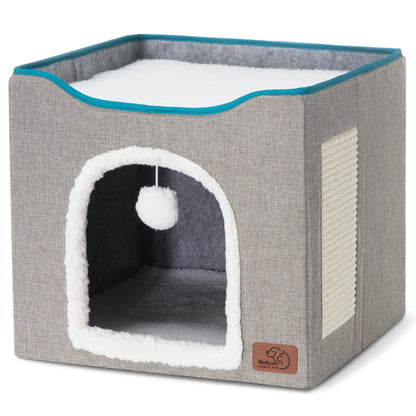 Bedsure Cat Beds for Indoor Cats - Large Cat Cave for Pet Cat House with Fluffy Ball Hanging and Scratch Pad, Foldable Cat Hideaway,16.5x16.5x13 inches, Grey